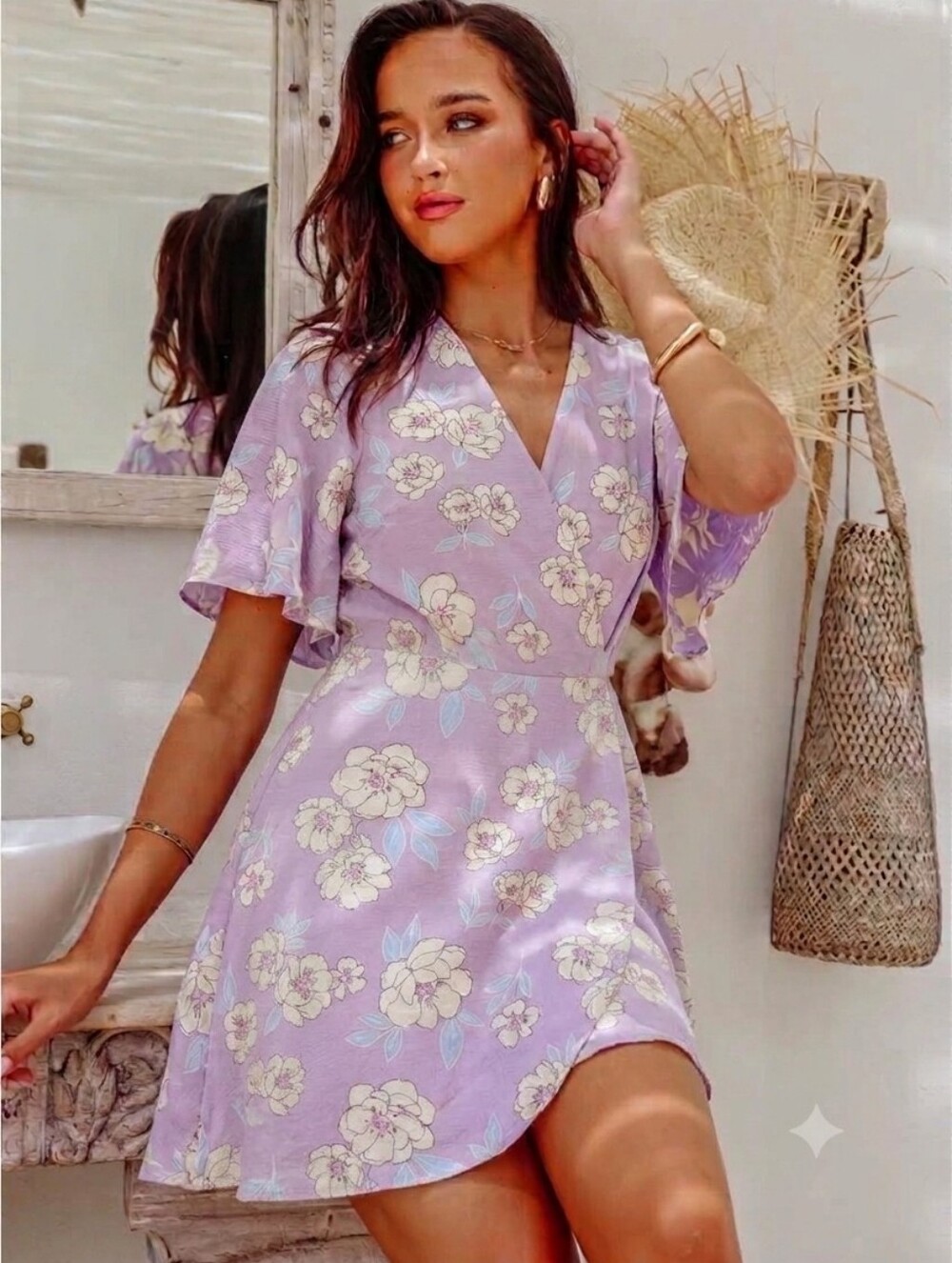 Monteau Lilac Floral Romantic Feminine Flutter Sleeve Faux-wrap Mini Dress S